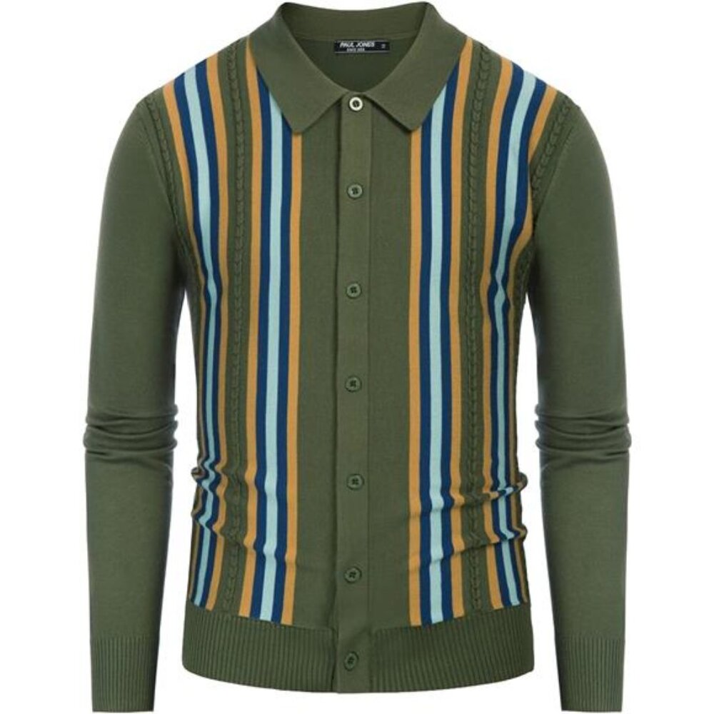 Men's Vintage Striped Knit Polo Shirt Long Sleeve Button Down Cardigan Sweater